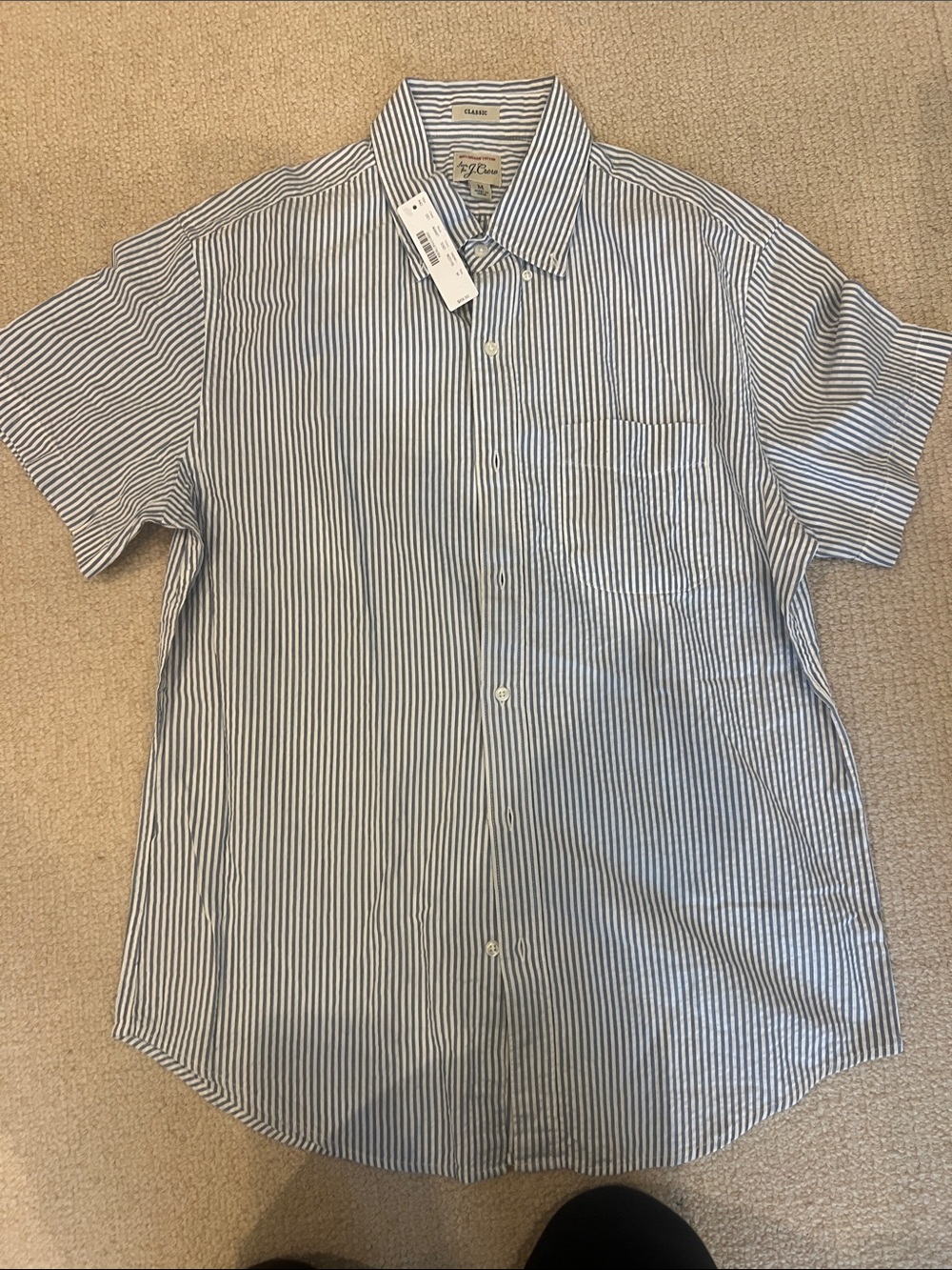 J. Crew Men's Short-Sleeve Blue and White Stripe Button-Down Shirt